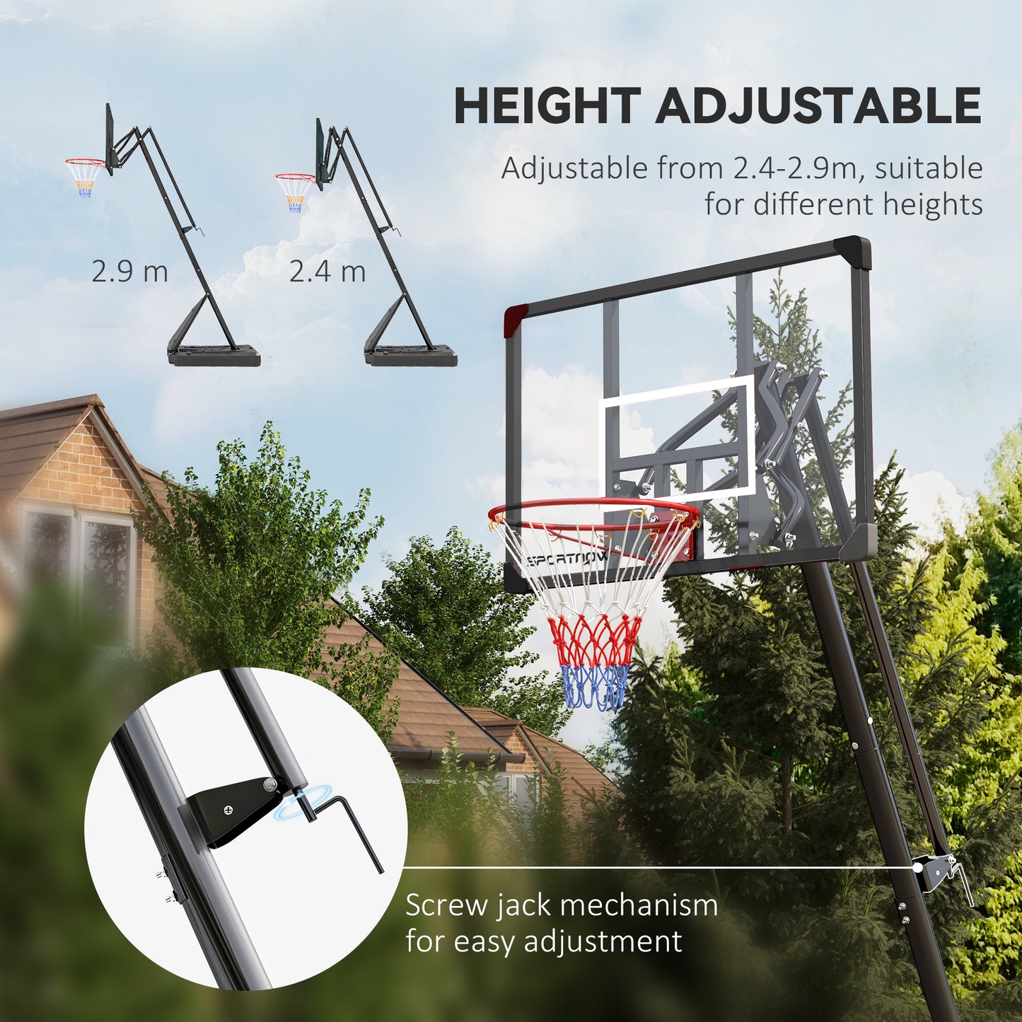 SPORTNOW 2.4-2.9m Adjustable Basketball Hoop and Stand with Weighted Base, Portable on Wheels, Black