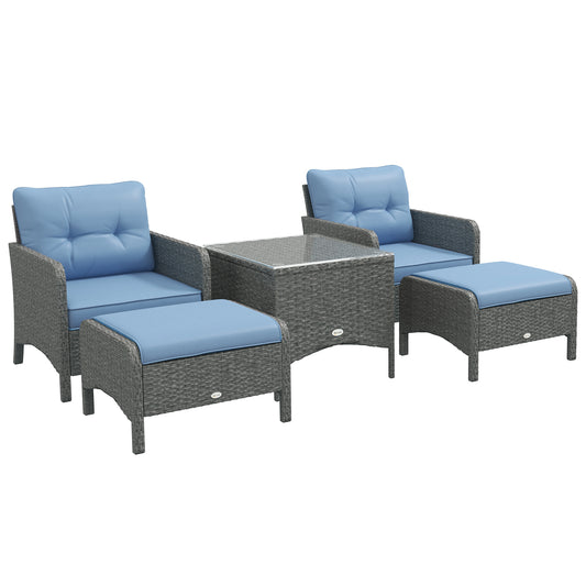 Photo of Outsunny 5 Pieces PE Rattan Garden Furniture Set, Wicker Outdoor Sofa Set w/ 2 Armchairs 2 Stools Glass Top Table Cushions, Blue in Blue colour on a white background