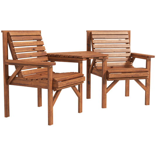 Photo of Outsunny Wooden Garden Love Seat w/ Coffee Table Umbrella Hole, Tan Brown in Brown colour on a white background