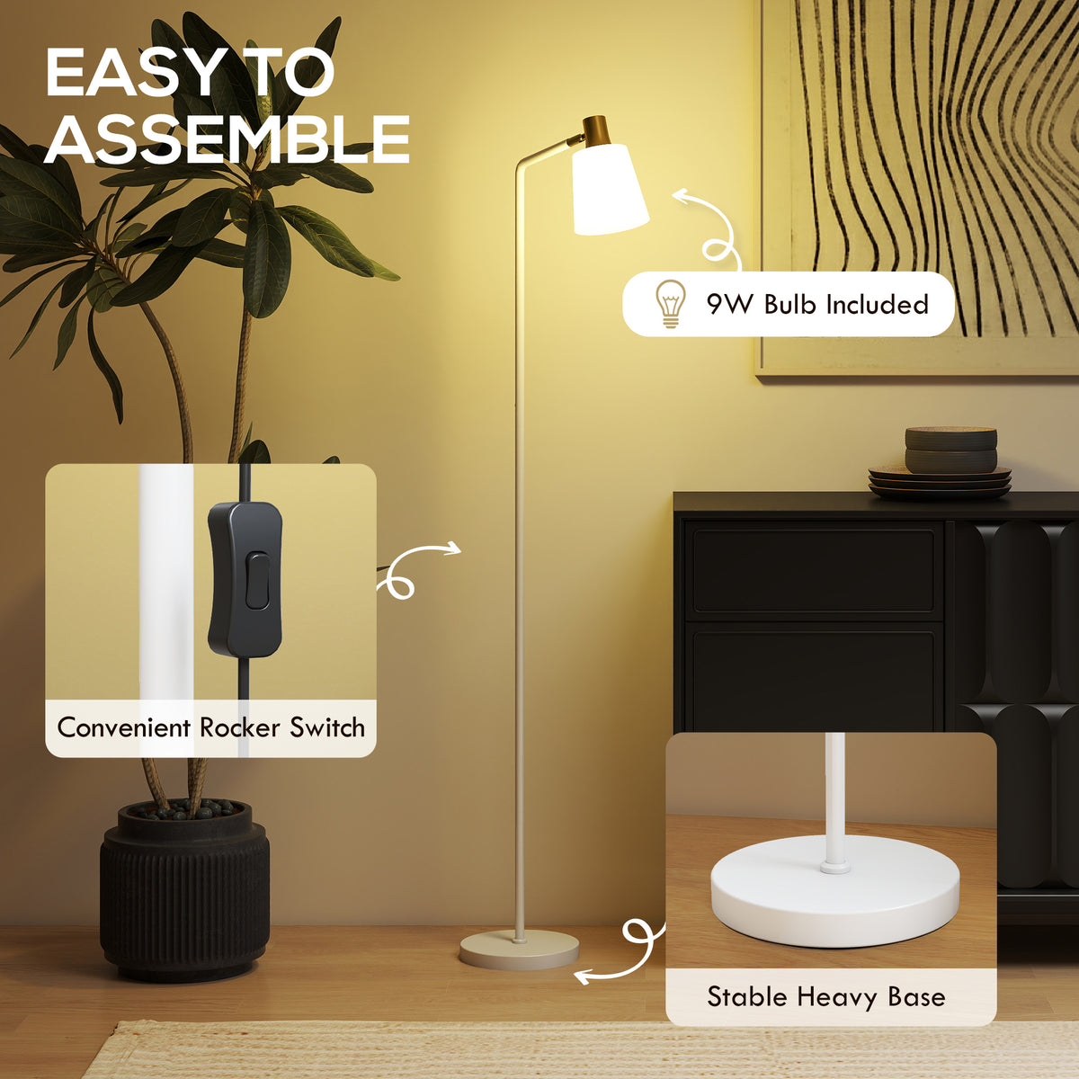 HOMCOM Modern Standing Lamp, Floor Lamp with 350° Rotatable Head for Living Room, White