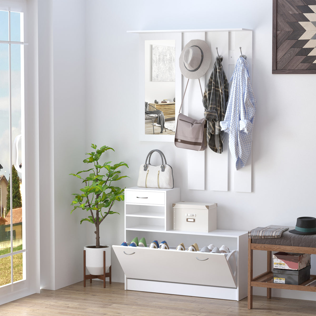 White shoe cabinet with open shoe compartment and matching mirror coat rack with hooks