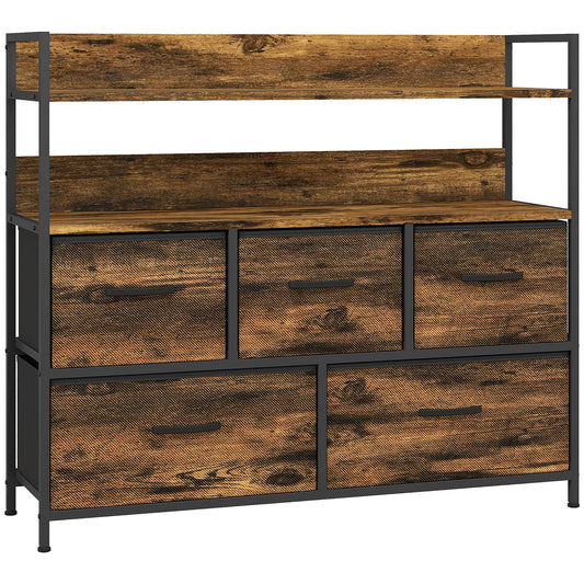 Photo of HOMCOM Rustic Chest of Five Fabric Drawers - Rustic Brown in Brown colour on a white background