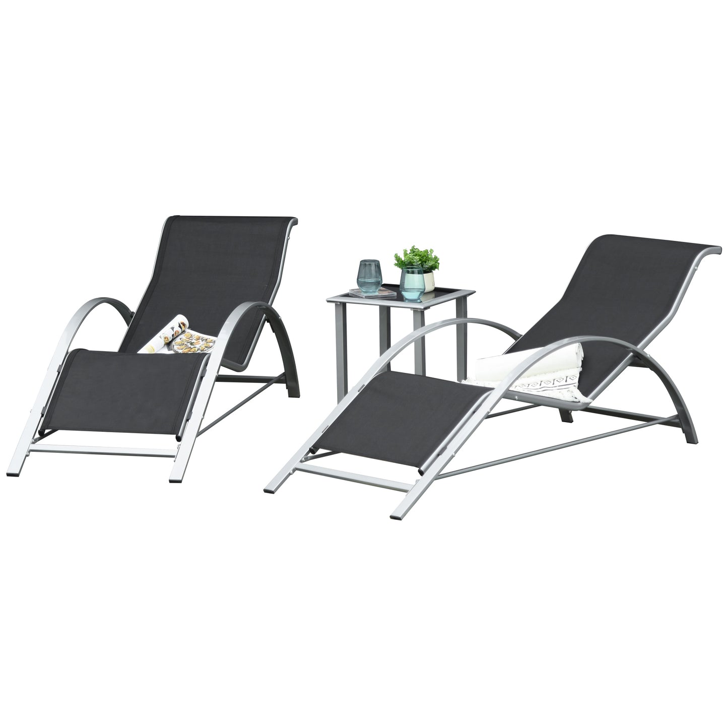Outsunny Three-Piece Curved Sun Lounger Set - Black