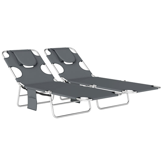 Photo of Outsunny 5-Position Adjustable Sun Loungers Set of 2 with Reading Hole and Side Pocket, Dark Grey in Grey colour on a white background