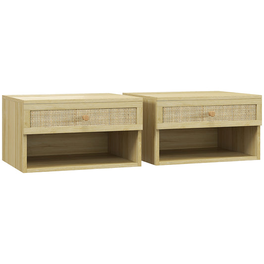 Photo of HOMCOM Set of Two Rattan Panel Floating Bedside Tables - Wood-Effect in Wood-Effect colour on a white background