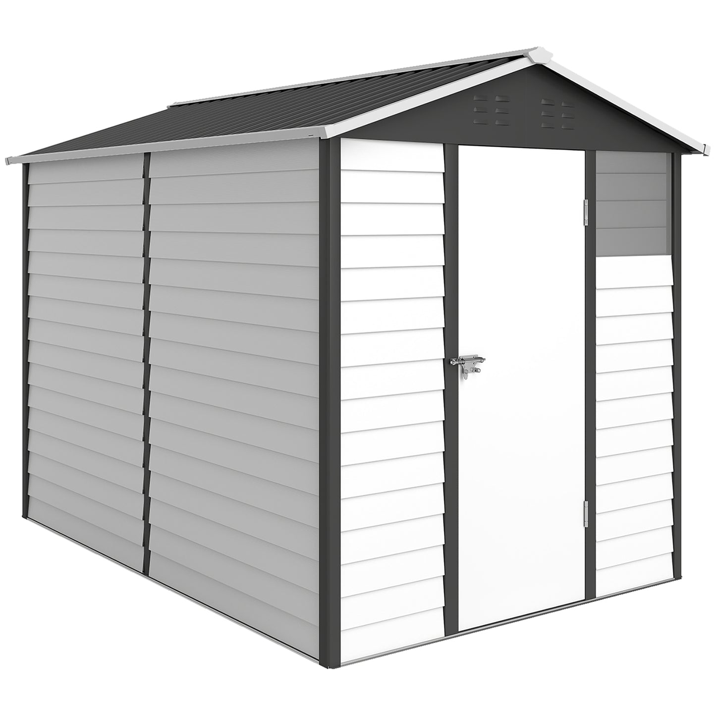 Photo of Outsunny 9x 6FT Metal Outdoor Garden Shed, Galvanised Tool Storage Shed w/ Sloped Roof, Lockable Door for Patio Lawn, Dark Grey in Grey colour on a white background
