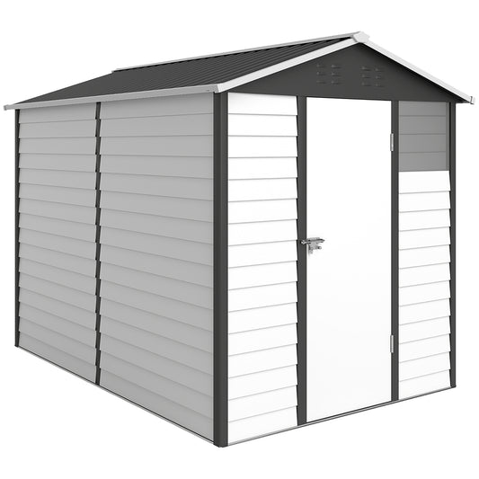 Photo of Outsunny 9x 6FT Metal Outdoor Garden Shed, Galvanised Tool Storage Shed w/ Sloped Roof, Lockable Door for Patio Lawn, Dark Grey in Grey colour on a white background