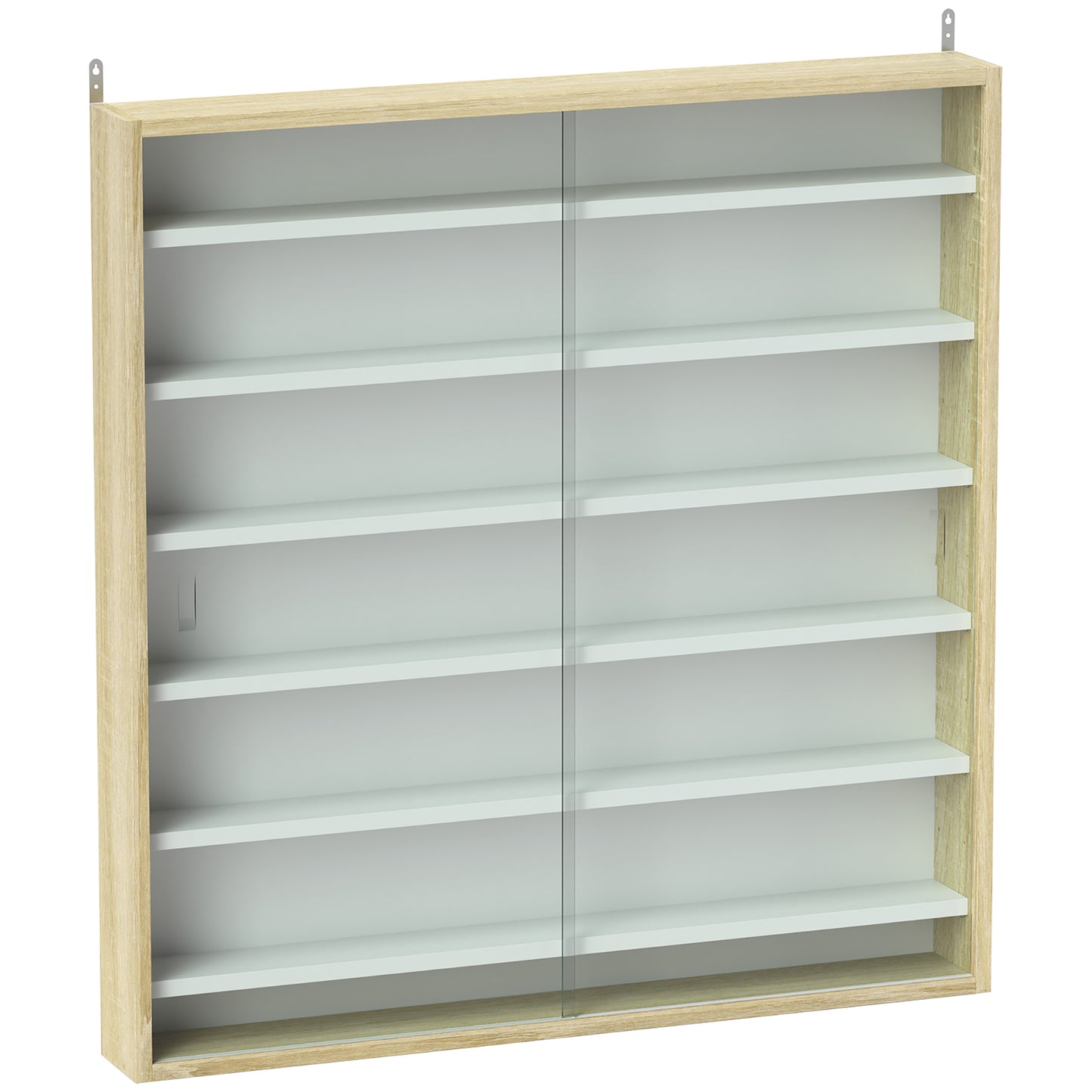Photo of HOMCOM 7-Tier Wall Display Shelf Unit Cabinet w/ 6 Adjustable Shelves Glass Doors Home Office Ornaments 83x80cm, Oak in Oak colour on a white background