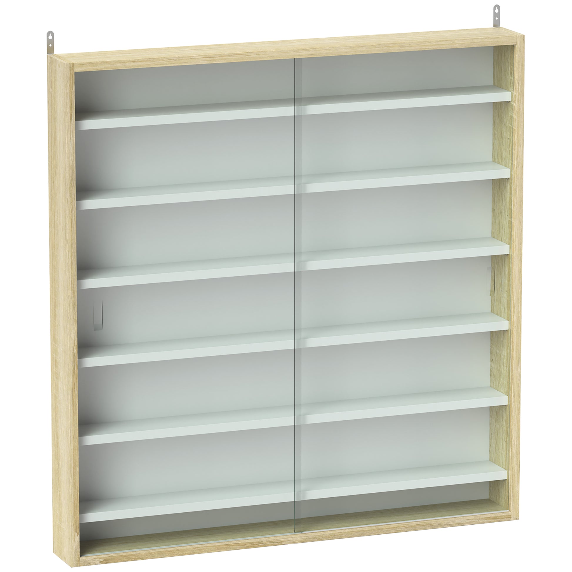 Photo of HOMCOM 7-Tier Wall Display Shelf Unit Cabinet w/ 6 Adjustable Shelves Glass Doors Home Office Ornaments 83x80cm, Oak in Oak colour on a white background