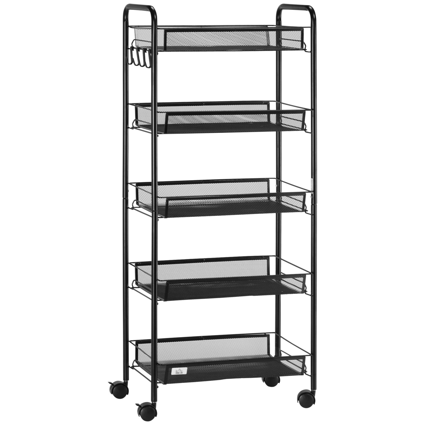 Photo of HOMCOM Five-Steel Mesh Basket Storage Trolley, with Wheels - Black in Black colour on a white background