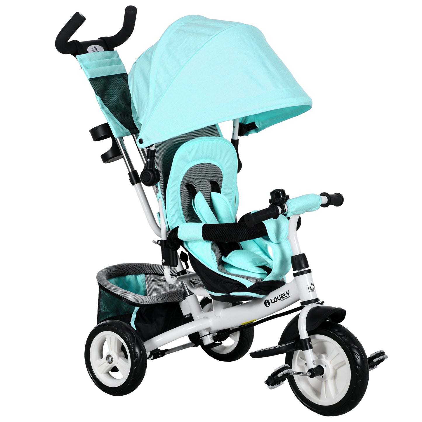 Photo of HOMCOM 6 in 1 Kids Trike with Parent Handle, Canopy, 5-point Seat Belt, Storage, Footrest, Brake, for 1-5 Years, Green in Green colour on a white background