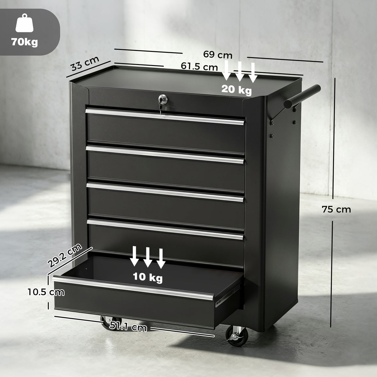 Black HOMCOM five-drawer rolling tool chest with one drawer open and dimensions shown