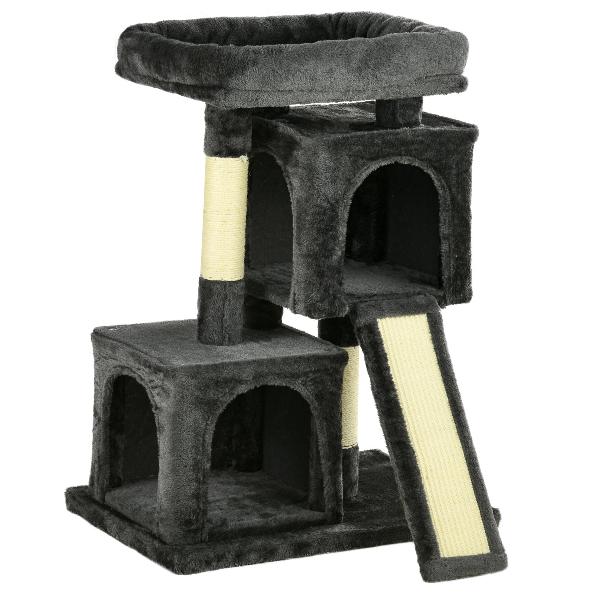 Photo of PawHut Cat Tree for Indoor Cats 81cm Cat Scratching Post Scratch Board Kitten Tower Climbing Frame, Black in Black colour on a white background