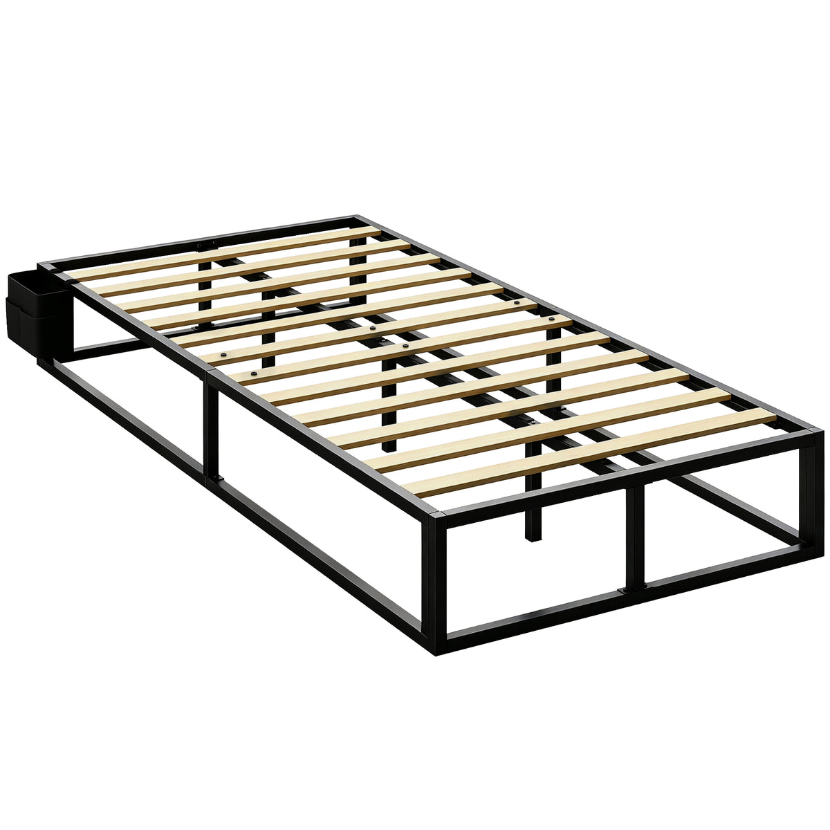 Photo of HOMCOM 12 Slats Metal Platform Bed Frame, 3ft Single Bed Frame with Storage Bag and Anti-Slip Pads, Black in Black colour on a white background