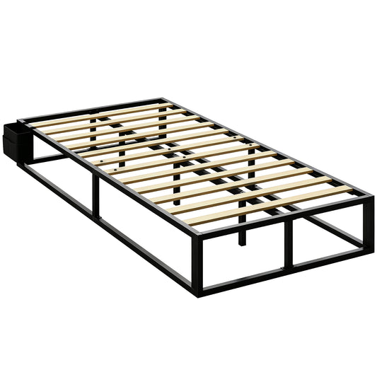 Photo of HOMCOM 12 Slats Metal Platform Bed Frame, 3ft Single Bed Frame with Storage Bag and Anti-Slip Pads, Black in Black colour on a white background