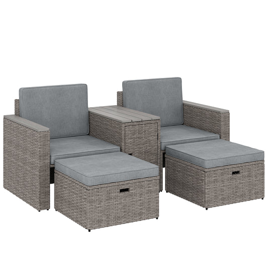 Photo of Outsunny 5 Piece Rattan Garden Furniture Set with Storage Table, Footstools, Cushions, Dark Grey in Grey colour on a white background
