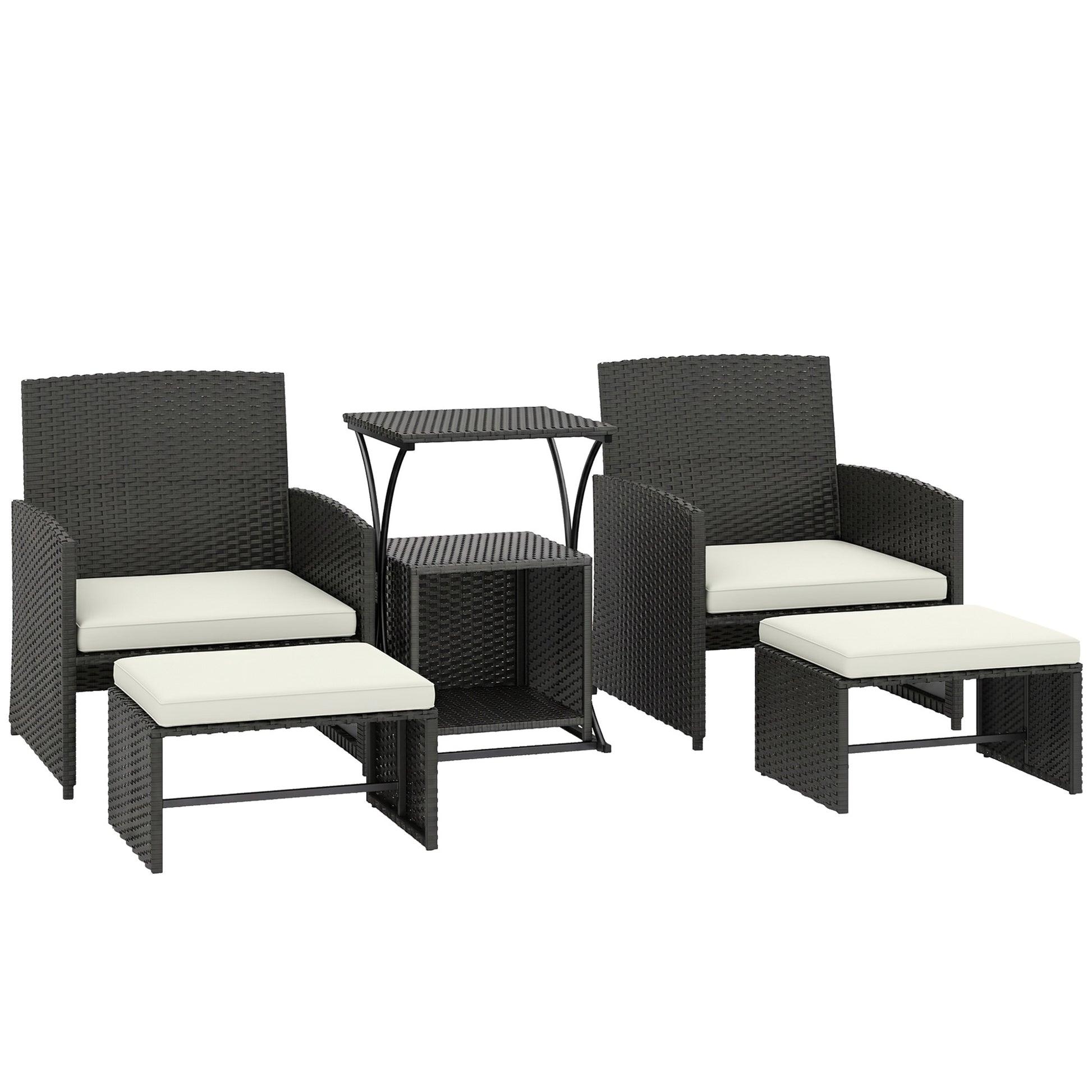 Photo of Outsunny 6 Piece Rattan Garden Furniture, Space-Saving Patio Furniture Set with Nesting Tables, Chairs, Stools, Cushions, Black in Black colour on a white background