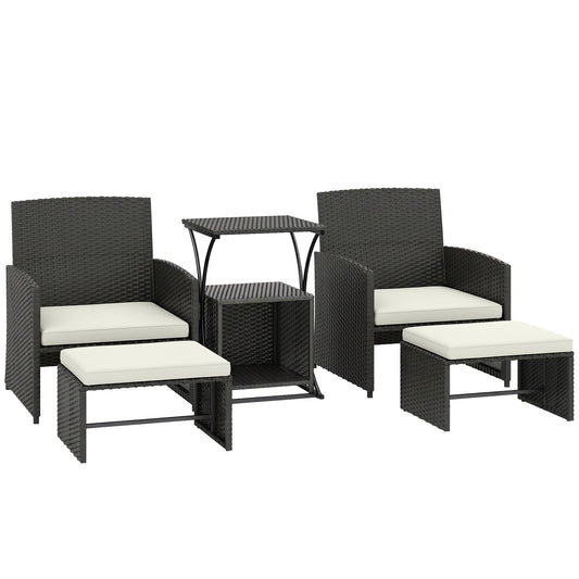 Photo of Outsunny 6 Piece Rattan Garden Furniture, Space-Saving Patio Furniture Set with Nesting Tables, Chairs, Stools, Cushions, Black in Black colour on a white background