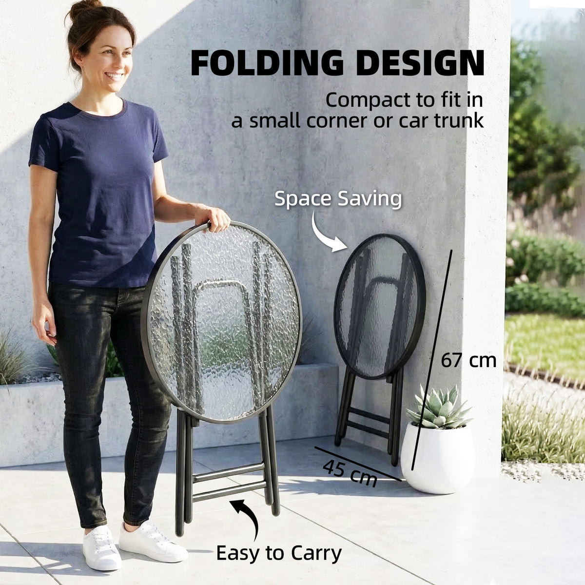 Outsunny Foldable Garden Side Table, Round Folding Table with Glass Tabletop and Safety Buckle for Patio, Garden, Outdoor, Indoor, Black