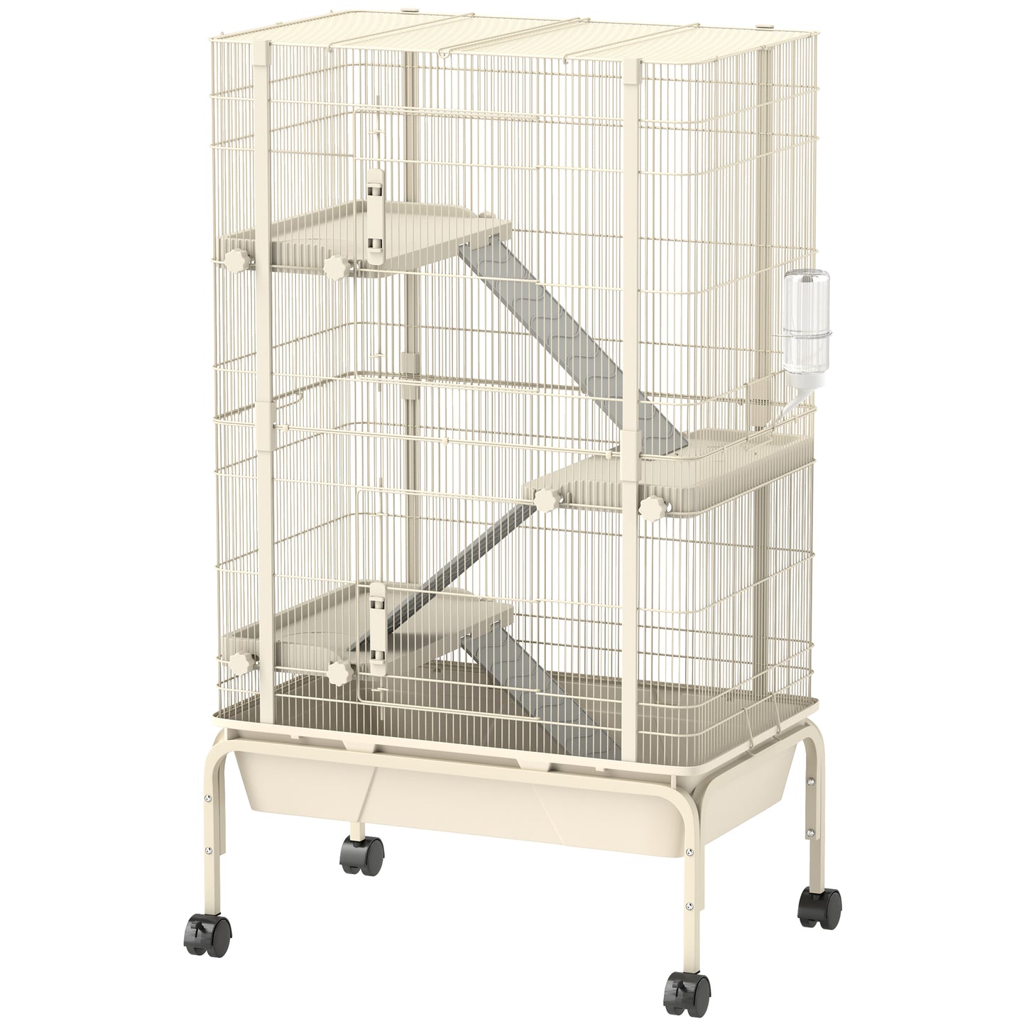 Photo of PawHut 4-Level Rolling Small Animal Cage, Rabbit Cage with 3 Ramps, Water Bottle, Food Dish, 15cm Deep Tray, Beige in Beige colour on a white background
