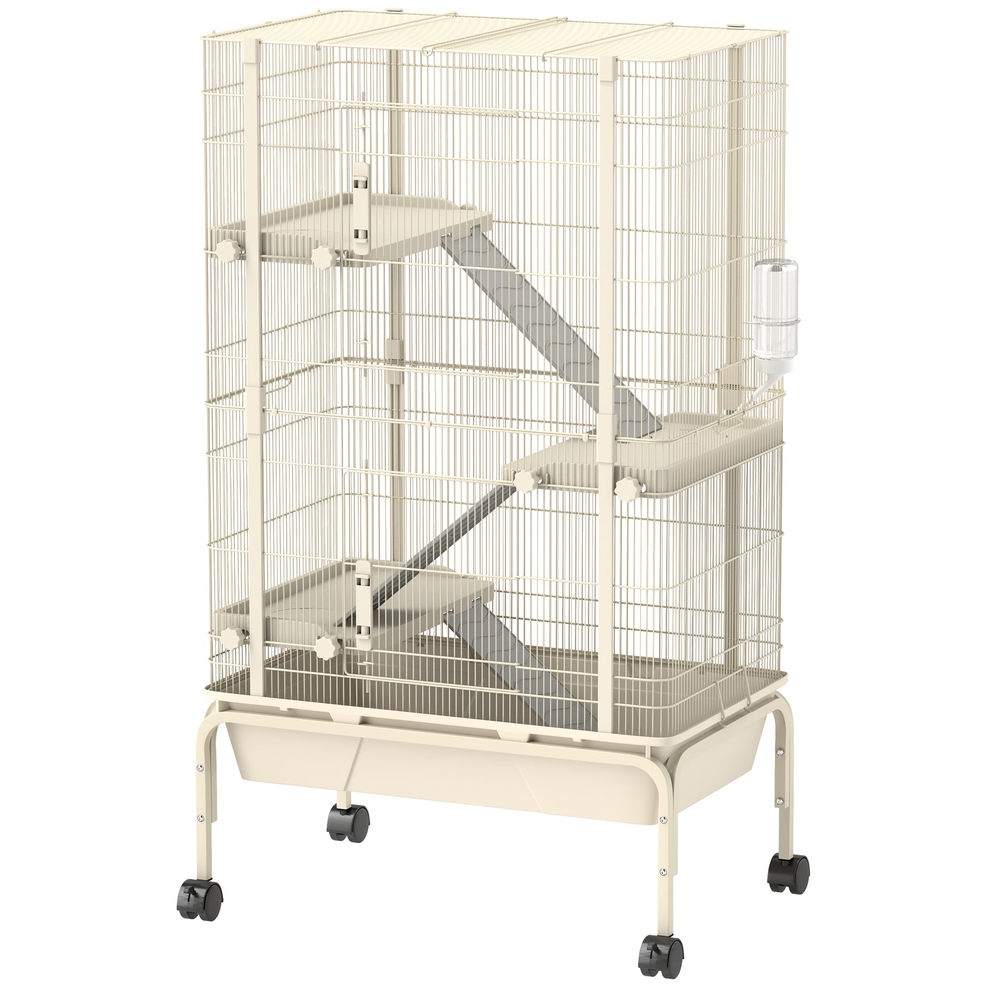 Photo of PawHut 4-Level Rolling Small Animal Cage, Rabbit Cage with 3 Ramps, Water Bottle, Food Dish, 15cm Deep Tray, Beige in Beige colour on a white background
