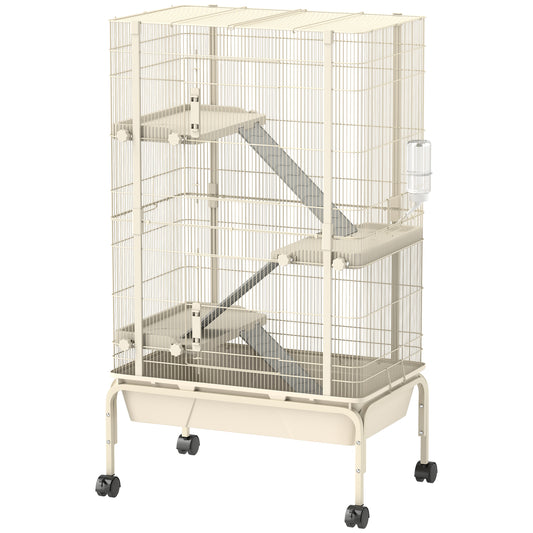 Photo of PawHut 4-Level Rolling Small Animal Cage, Rabbit Cage with 3 Ramps, Water Bottle, Food Dish, 15cm Deep Tray, Beige in Beige colour on a white background