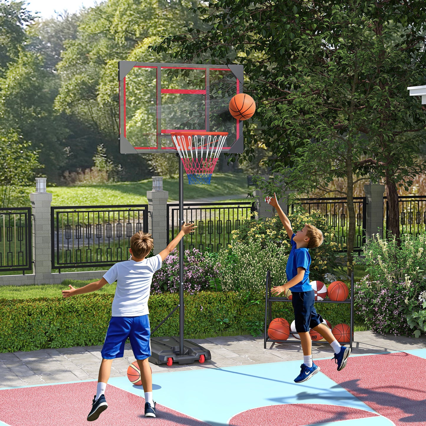 AIYAPLAY Basketball Hoop Outdoor Indoor, 210-260cm Height Adjustable Basketball Hoop with Wheels, Larger Base, for 6+ Years, Red