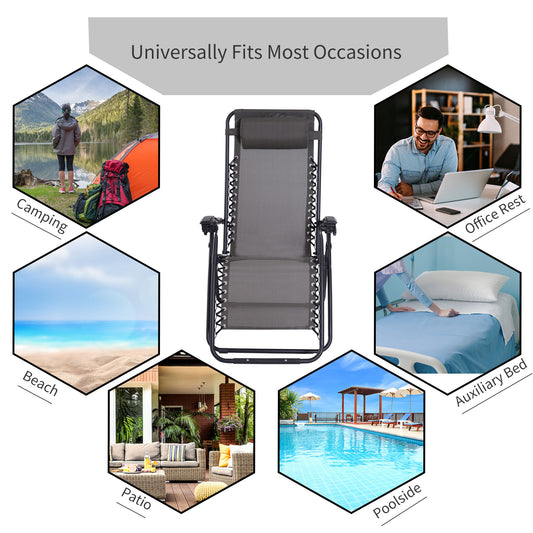 Gray folding zero-gravity chair with head pillow shown for outdoor and indoor use