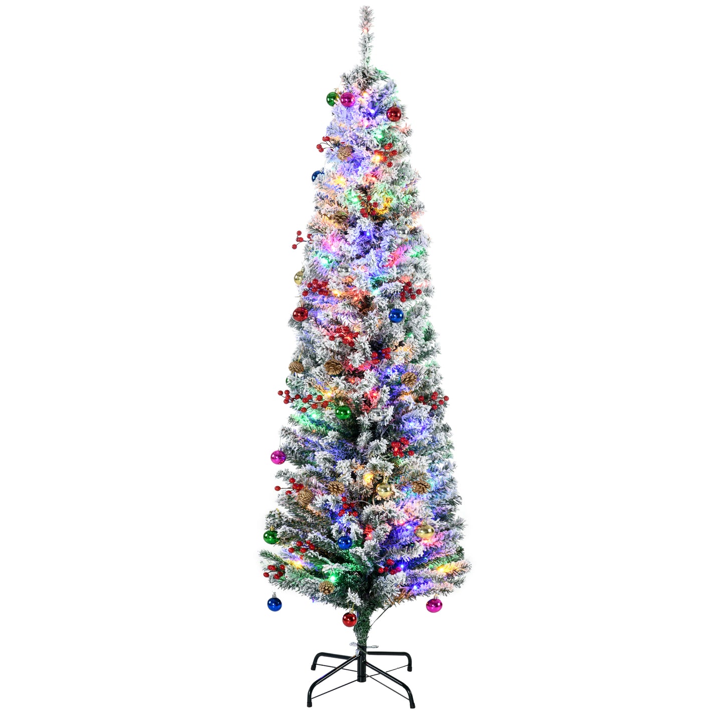 Photo of HOMCOM 6' Artificial Prelit Christmas Trees Holiday Décor with Colourful LED Lights, Flocked Tips, Berry, Pine Cone in Cone colour on a white background