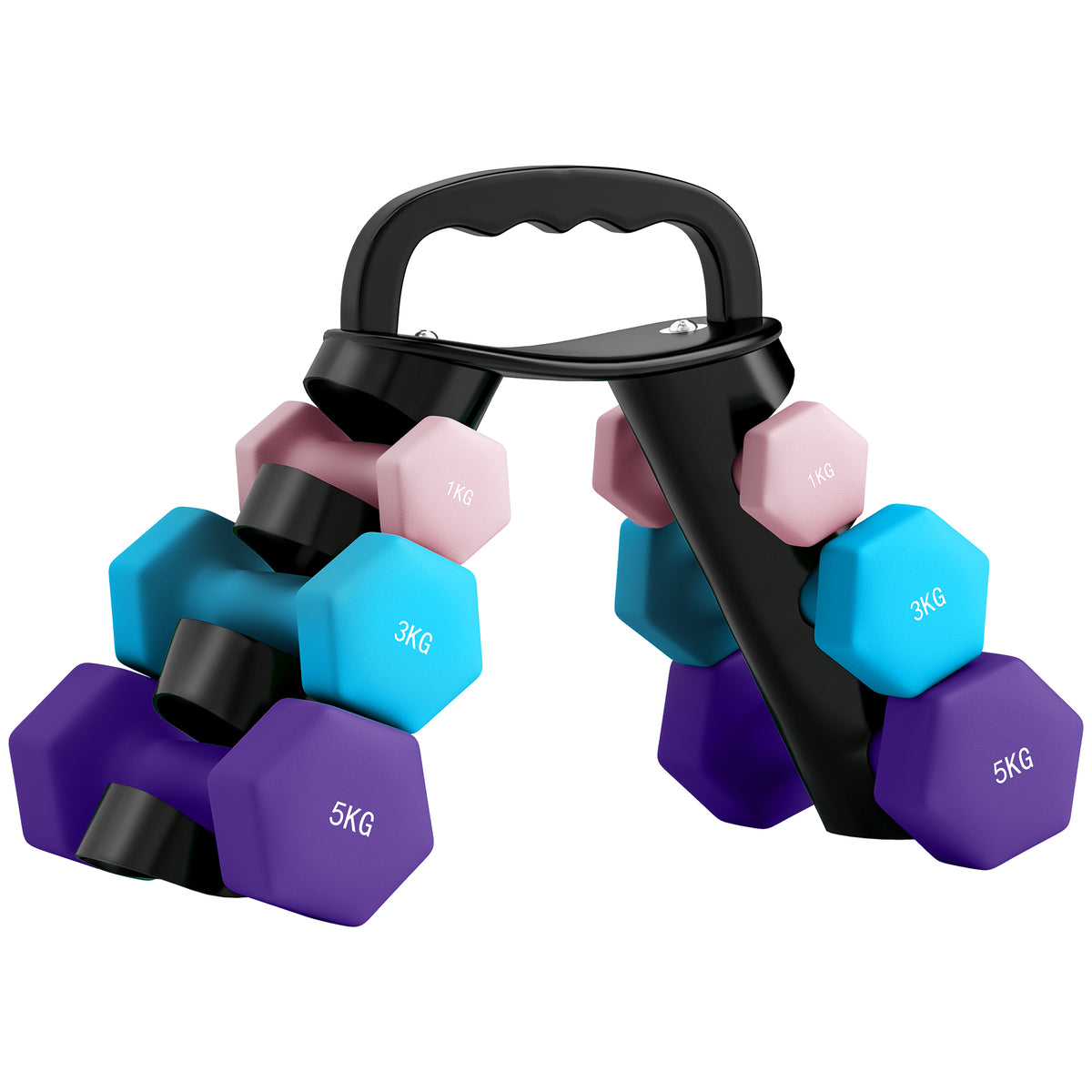 Photo of SPORTNOW Dumbbells Set with Storage Rack, 2 x 1kg, 2 x 3kg, 2 x 5kg, Pink in Pink colour on a white background