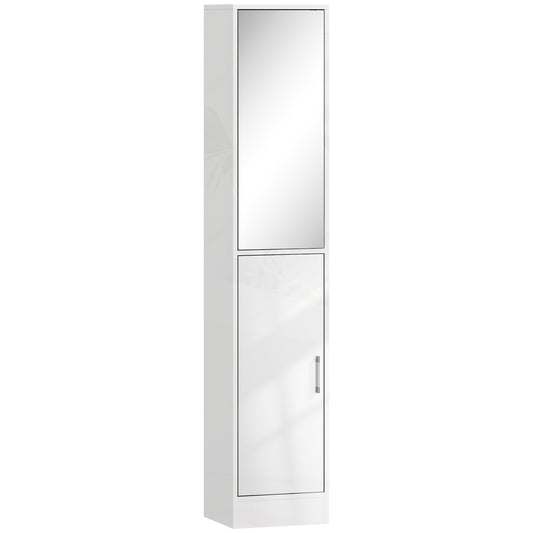 Photo of kleankin Tall Bathroom Cabinet with Mirror and Adjustable Shelf - High Gloss White in White colour on a white background