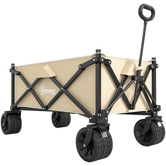 Photo of Outsunny Folding Garden Trolley, Outdoor Wagon Cart with Carry Bag, for Beach, Camping, Festival, 120KG Capacity, Khaki in Khaki colour on a white background