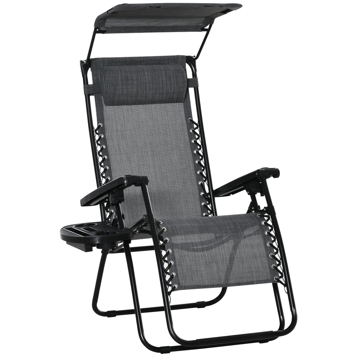 Photo of Outsunny Foldable Reclining Garden Chair with Headrest, Zero Gravity Deck Sun Lounger Seat Chair with Footrest, Armrest, Cup Holder & Canopy Shade, Light Grey in Grey colour on a white background