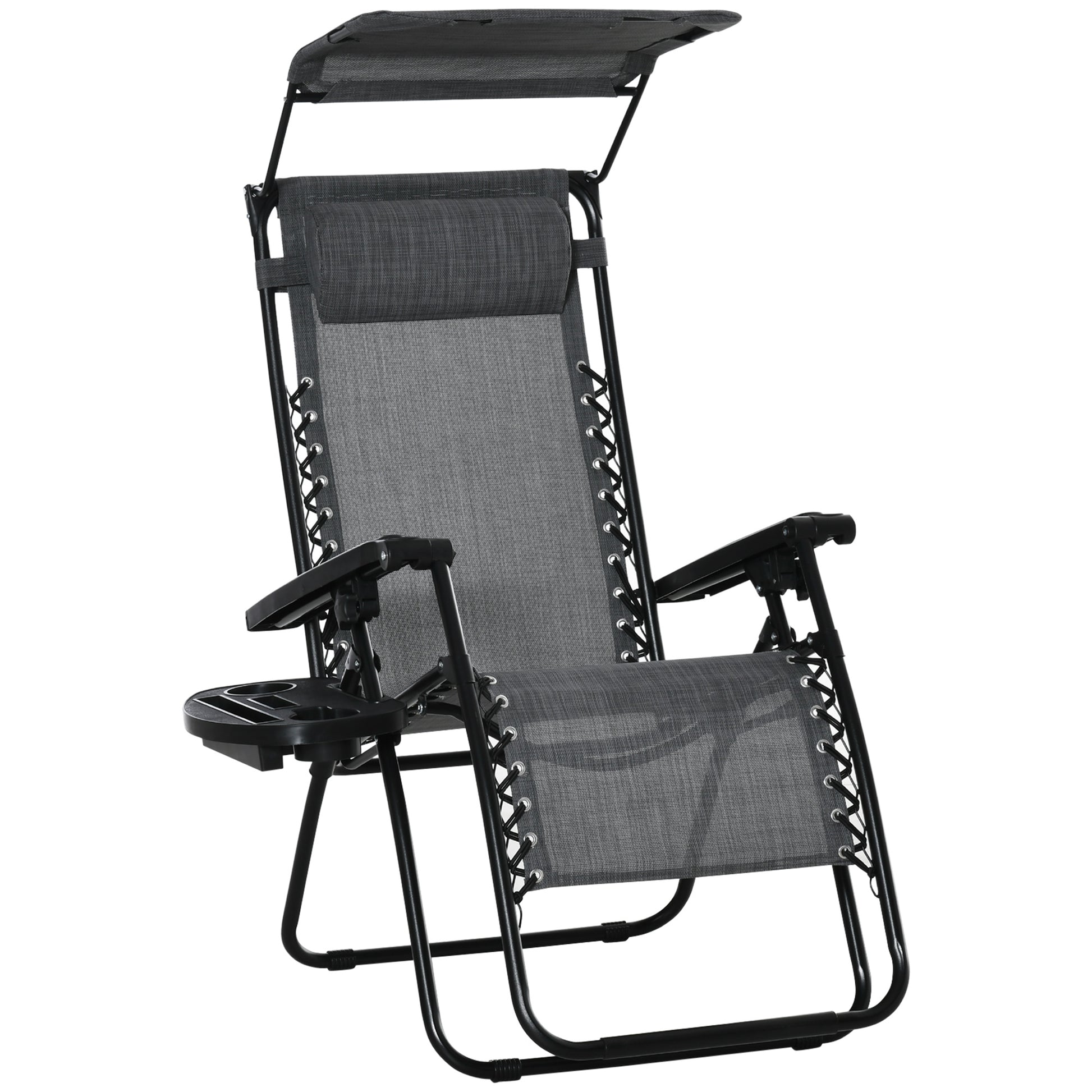 Photo of Outsunny Foldable Reclining Garden Chair with Headrest, Zero Gravity Deck Sun Lounger Seat Chair with Footrest, Armrest, Cup Holder & Canopy Shade, Light Grey in Grey colour on a white background