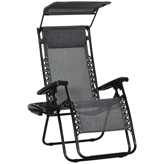 Photo of Outsunny Foldable Reclining Garden Chair with Headrest, Zero Gravity Deck Sun Lounger Seat Chair with Footrest, Armrest, Cup Holder & Canopy Shade, Light Grey in Grey colour on a white background