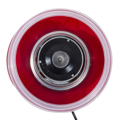 Top view of the cotton candy maker's central heating head inside its red bowl.