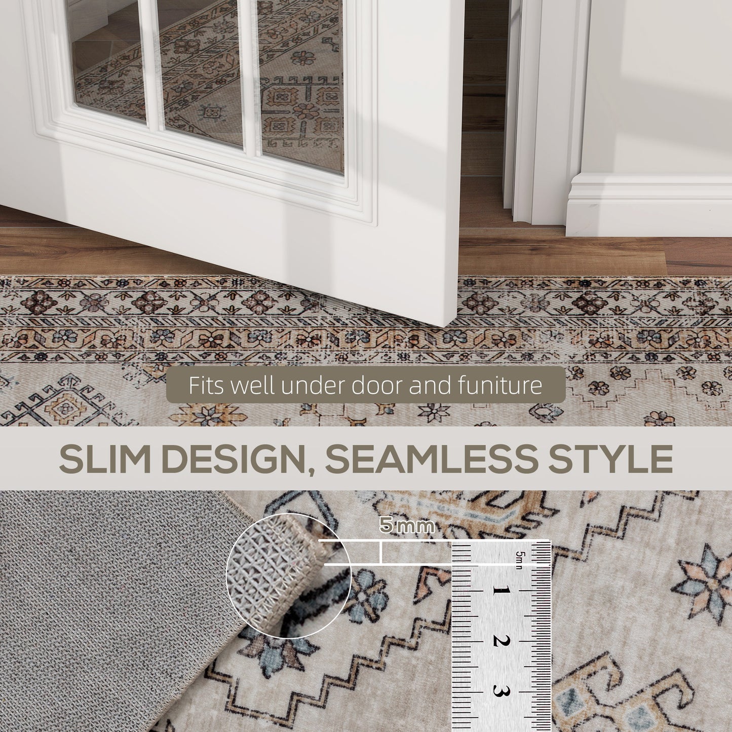 HOMCOM Vintage Area Rug, Non-Slip Washable Rug, Flannel Floor Carpet for Living Room, Bedroom, Dining Room, Home Office, 290 x 200 cm, Beige