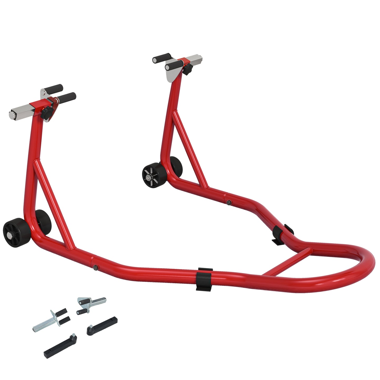Photo of HOMCOM Front Motorcycle Paddock Stand Motorbike Stand with Anti-Slip Mat, Adjustable Pin and Swingarm Spool Adaptors, 200 kg Capacity, for 18", 17" and 10" Tyre, Red in Red colour on a white background