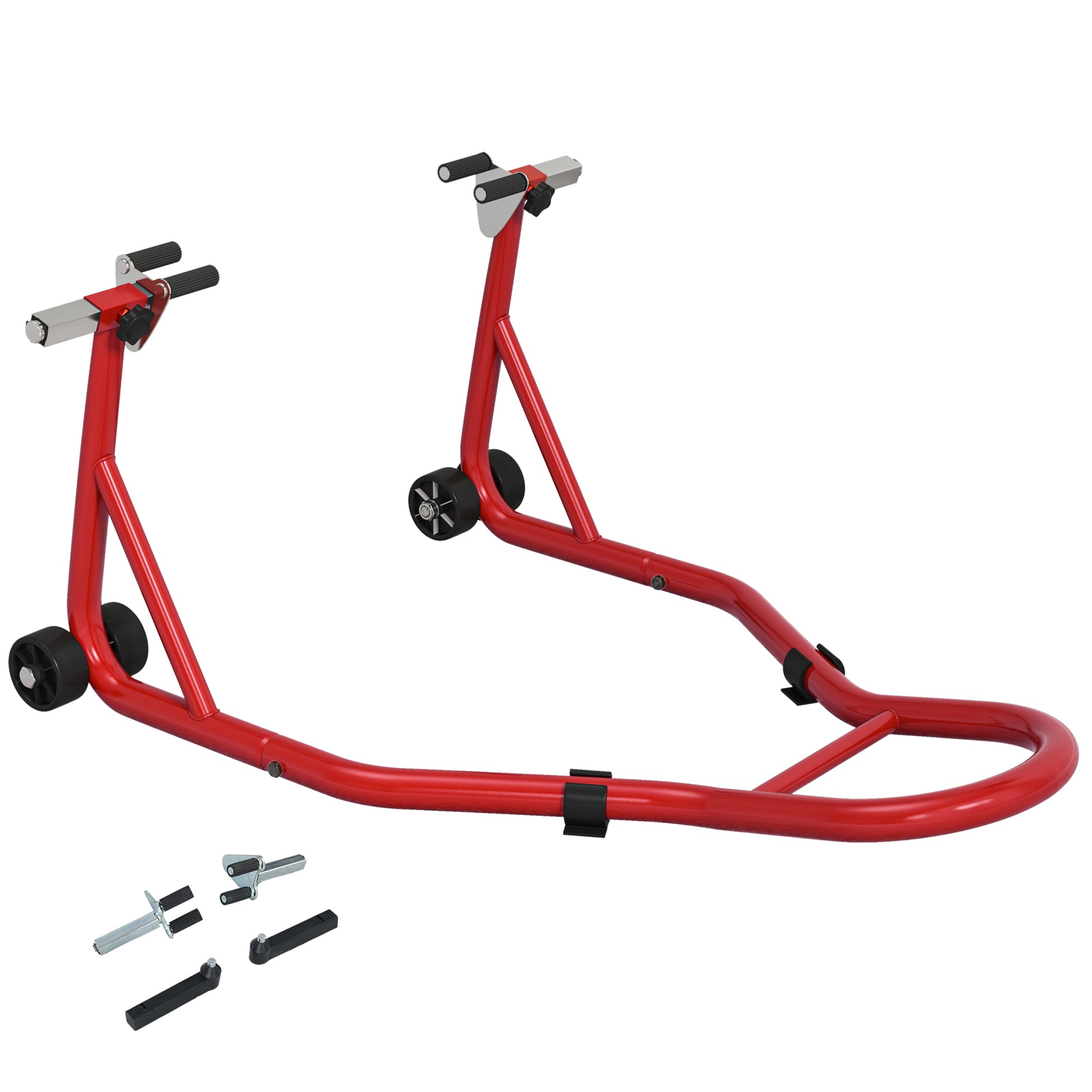 Photo of HOMCOM Front Motorcycle Paddock Stand Motorbike Stand with Anti-Slip Mat, Adjustable Pin and Swingarm Spool Adaptors, 200 kg Capacity, for 18", 17" and 10" Tyre, Red in Red colour on a white background