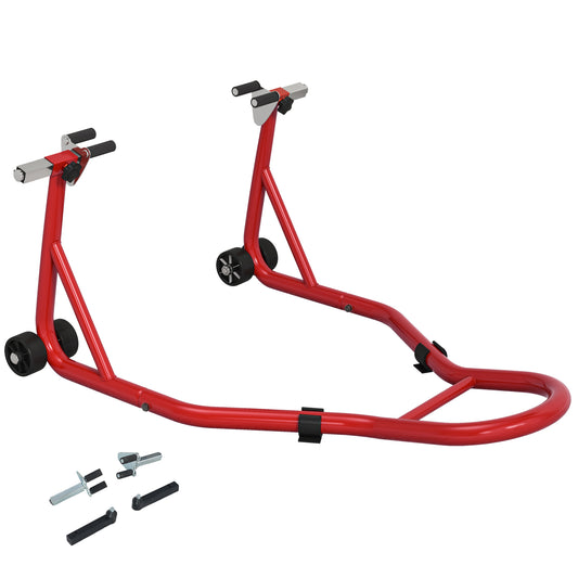 Photo of HOMCOM Front Motorcycle Paddock Stand Motorbike Stand with Anti-Slip Mat, Adjustable Pin and Swingarm Spool Adaptors, 200 kg Capacity, for 18", 17" and 10" Tyre, Red in Red colour on a white background
