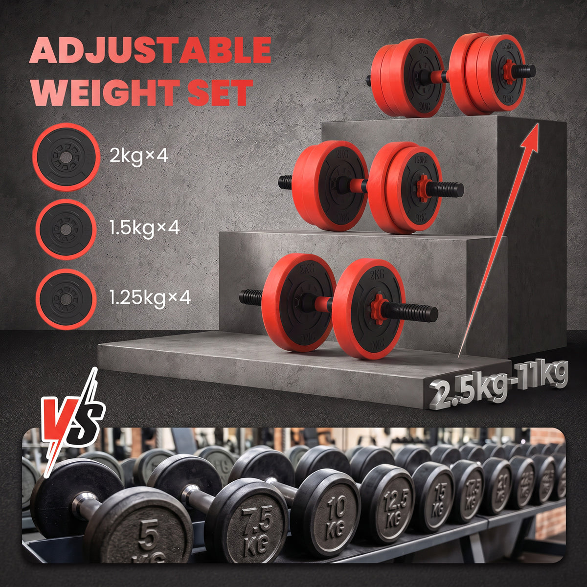 SPORTNOW adjustable weight set with red plates in several sizes and assembled dumbbells