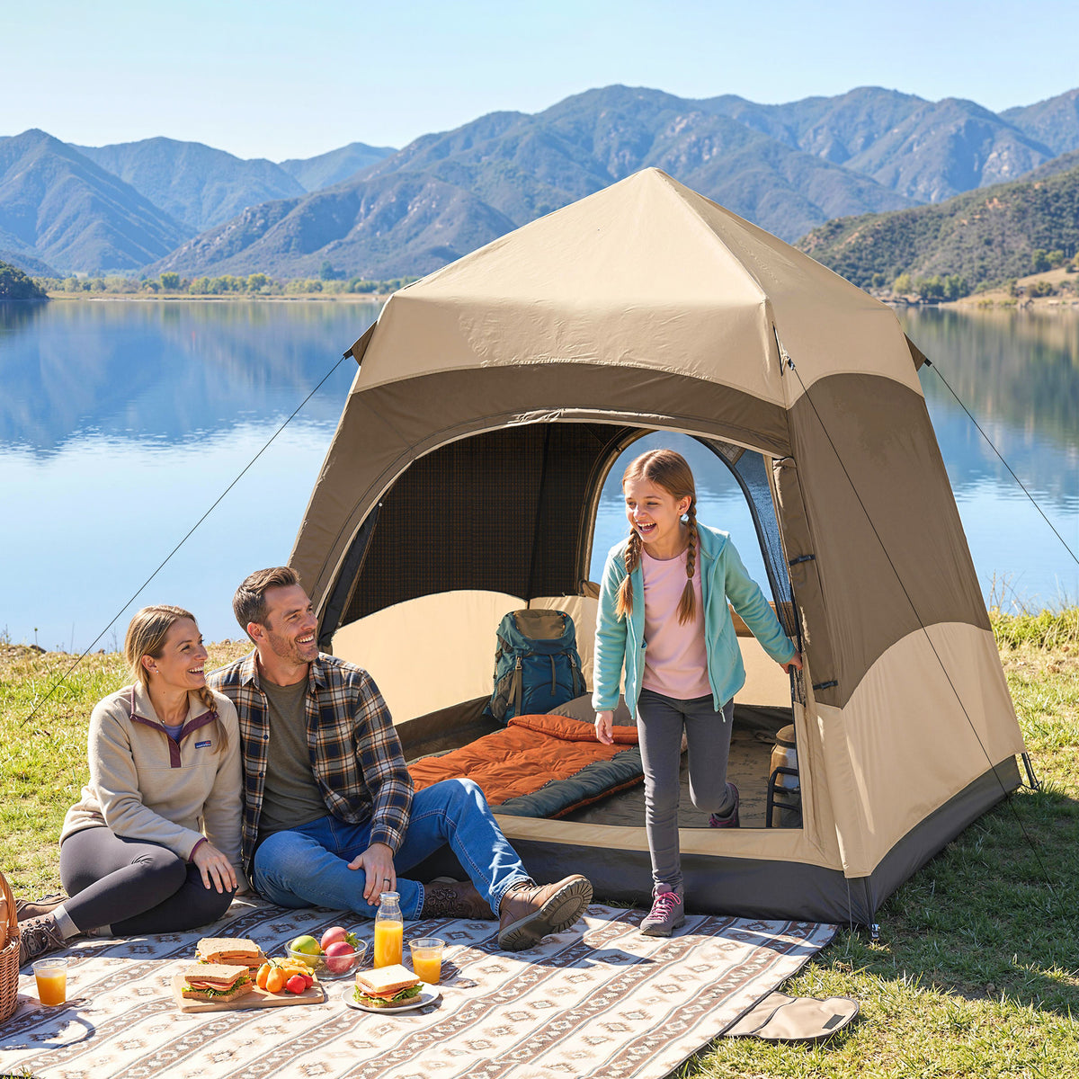 Outsunny 3 Man Instant Pop Up Tent with Rainfly, Portable Camping Shelter with Sewn-in Groundsheet, Carry Bag, Brown