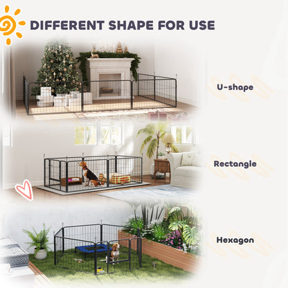 Seven-panel dog playpen shown in U-shaped, rectangular, and hexagonal layouts