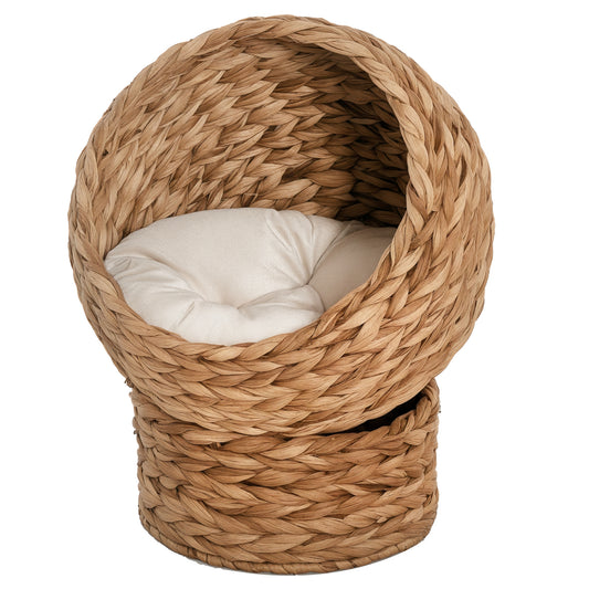 Photo of PawHut Wicker Cat Bed, Raised Rattan Cat Basket with Cylindrical Base, Soft Washable Cushion, 50 x 42 x 60 cm - Brown in Brown colour on a white background