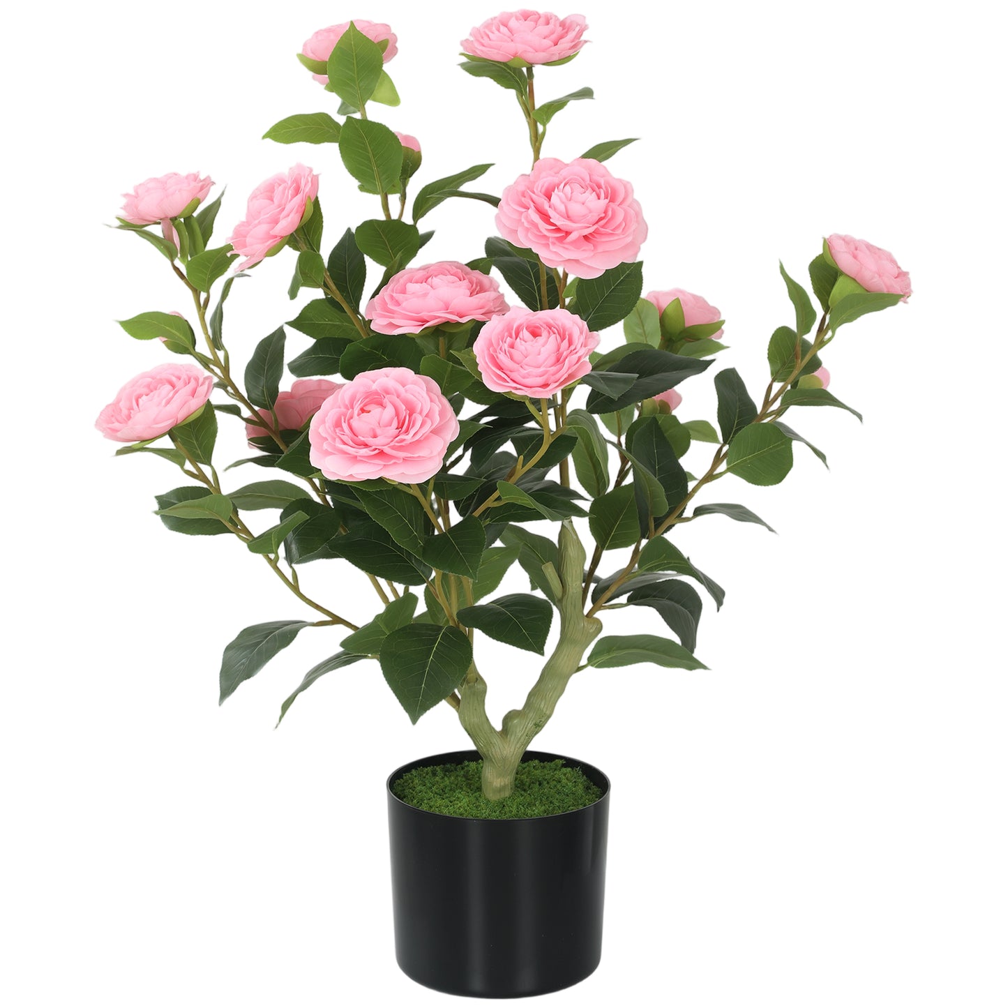 Photo of HOMCOM 65cm Artificial Camellia Flower Plant in Pot with 116 Lush Leaves & Moss Effect, Pink in Pink colour on a white background