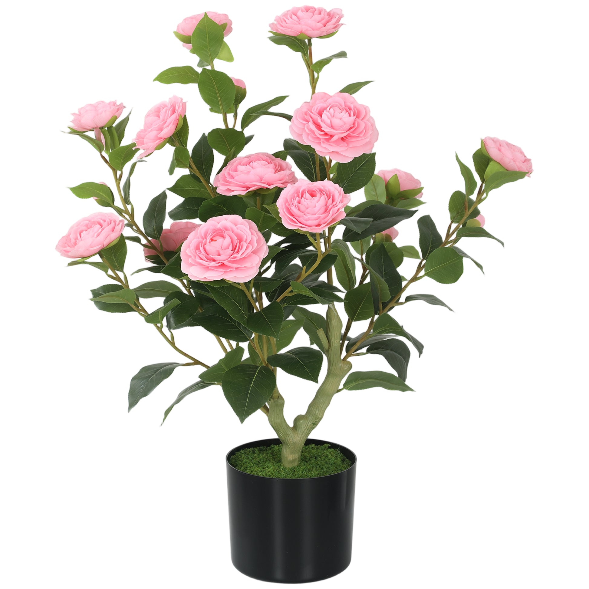 Photo of HOMCOM 65cm Artificial Camellia Flower Plant in Pot with 116 Lush Leaves & Moss Effect, Pink in Pink colour on a white background