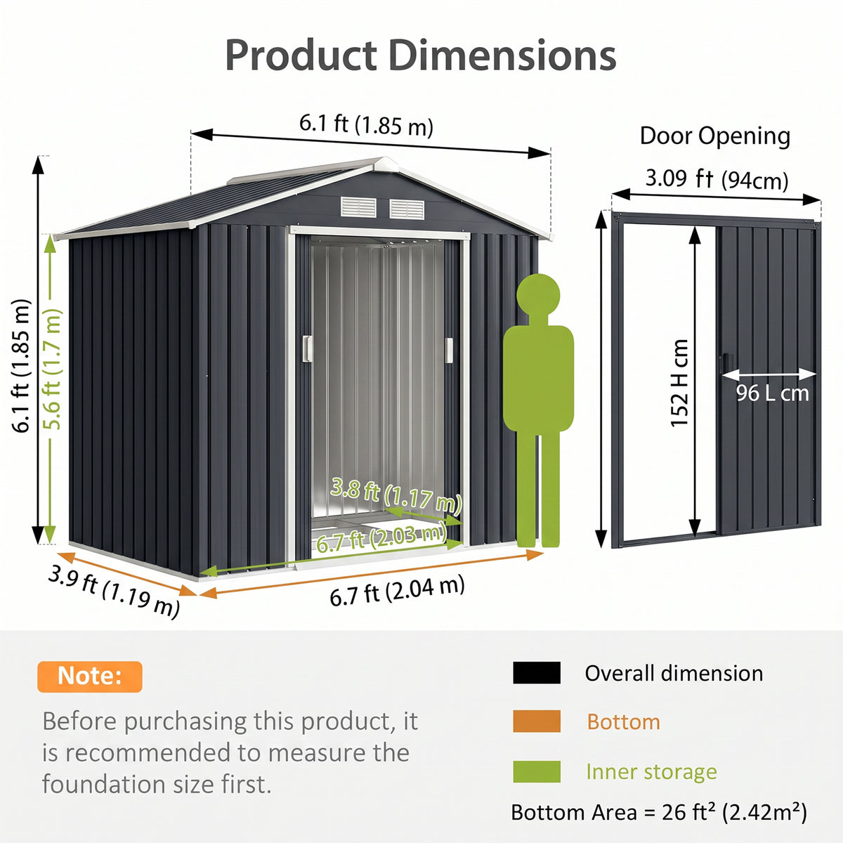 Outsunny shed dimensions diagram showing overall size, interior storage area and door opening