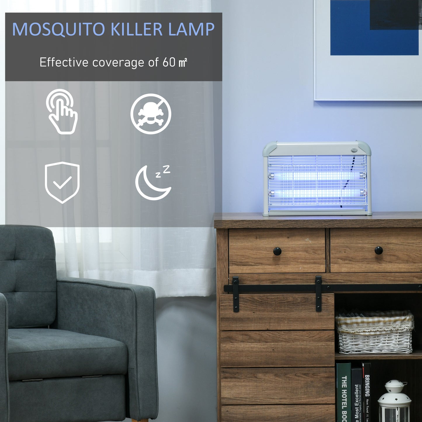 Outsunny Electric Fly Zapper, 20W Electric Fly Killer, Wall Hanging Bug Zapper Indoor & Outdoor Attracting Insect Mosquito Killer, Grey