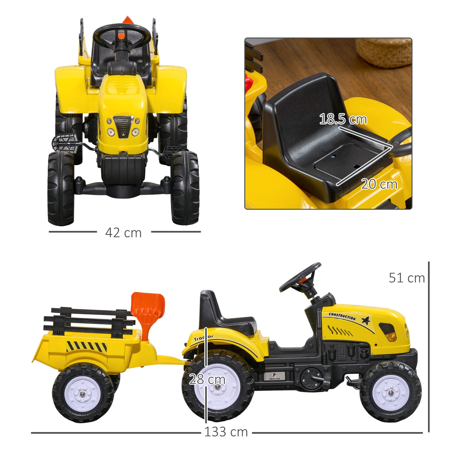 HOMCOM Kids Ride on Tractor with Back Trailer, Shovel & Rake, Horn, Four Wheels Tractor Toy for Child Toddler