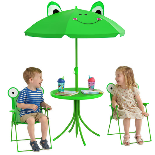 Green frog-themed picnic set with parasol, table, and two folding chairs.